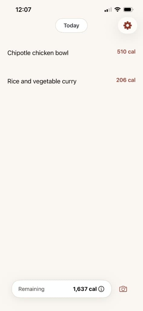 Poby app on iPhone showing a daily meal log with calories and remaining budget